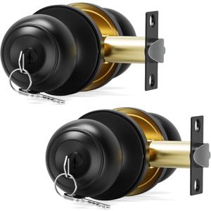 Keyed Entry Door Knob with Lock, Interior and Exterior - Round Ball Door Knob with Lock and Key for Bedrooms, Bathrooms, Matte Black Finish (2 Pack)