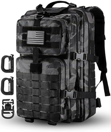 Hannibal Tactical MOLLE Assault Pack, Tactical Backpack Military Army Camping Rucksack, 3-Day Pack Trip w/USA Flag Patch, D-Rings, Black Camo