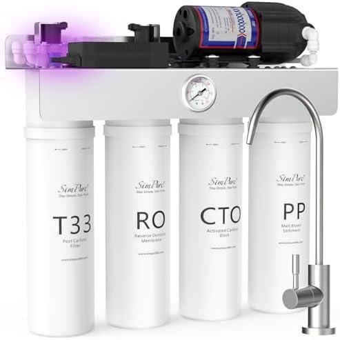 SimPure T1-400UV Tankless Reverse Osmosis System with UV, NSF/ANSI 58 Certified, Under Sink RO Water Filter System 400 GPD, 8 Stage Filtration Near 0 TDS, Built-in Pump, BPA Free, 1.5:1 Pure to Drain