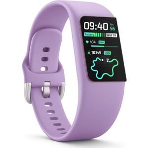 FITVII Slim Fitness Trackers, Fitness Watch with 24/7 Heart Rate, Blood Pressure, Blood Oxygen, Stress Monitor, AMOLED Activity Tracker Step Calorie Counter, IP68 Waterproof Smart Watch for Women Men (Purple)