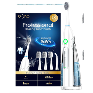 Electric Toothbrush with Water Flosser for Adults, 3in1 Sonic Brush & Floss Combo, Cordless Oral Irrigator, 3 Modes, 30Day Battery, Travel Toothbrush for Braces, Sensitive Gums, White