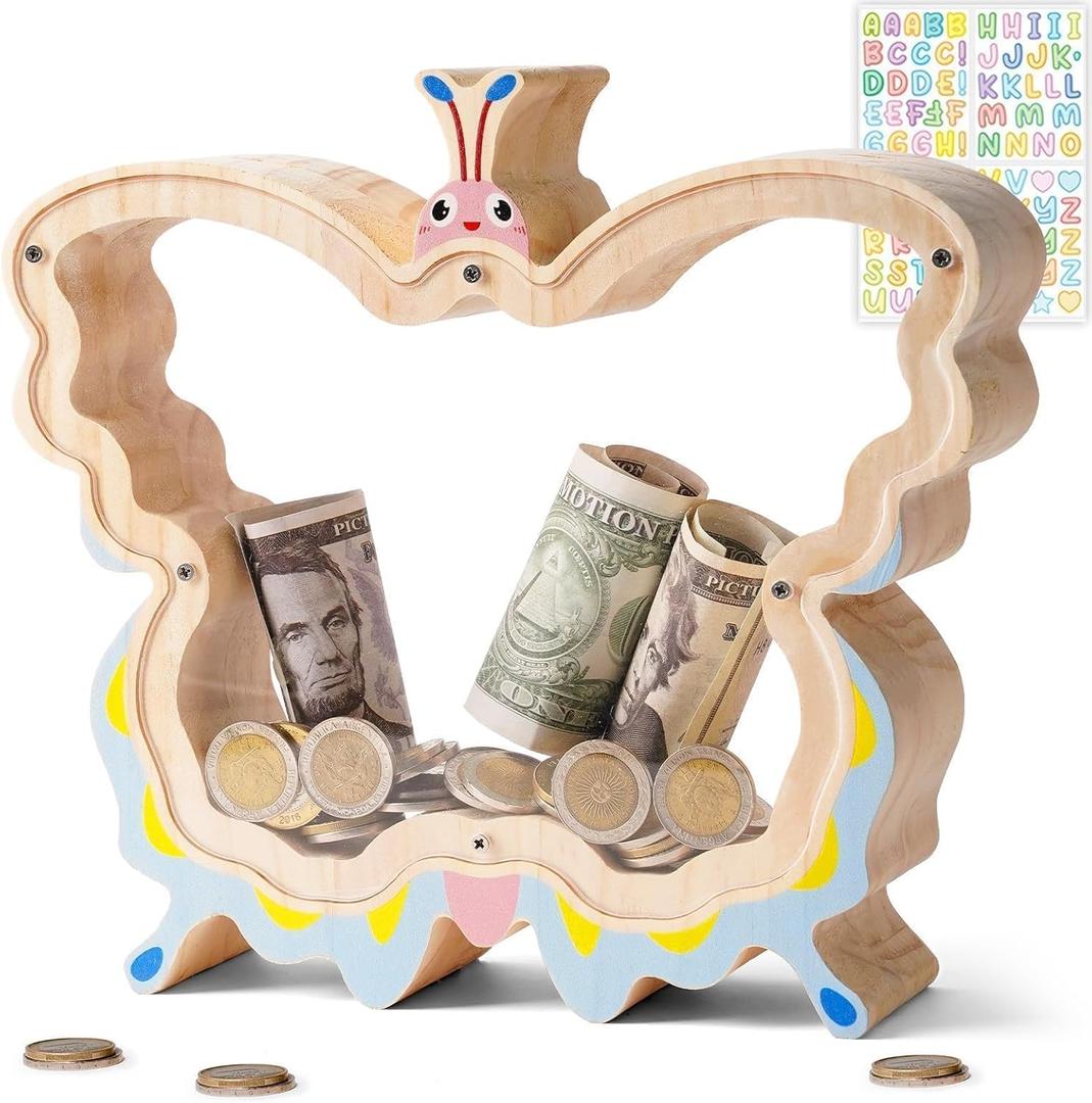 Wooden Butterfly Piggy Bank for Kids, Butterfly Money Box for Girls, Unbreakable Toddler Piggy Banks for Girls Boys, DIY Kids Coin Bank with Stickers, Easter, Birthday Gifts, Educational Toy (Large)