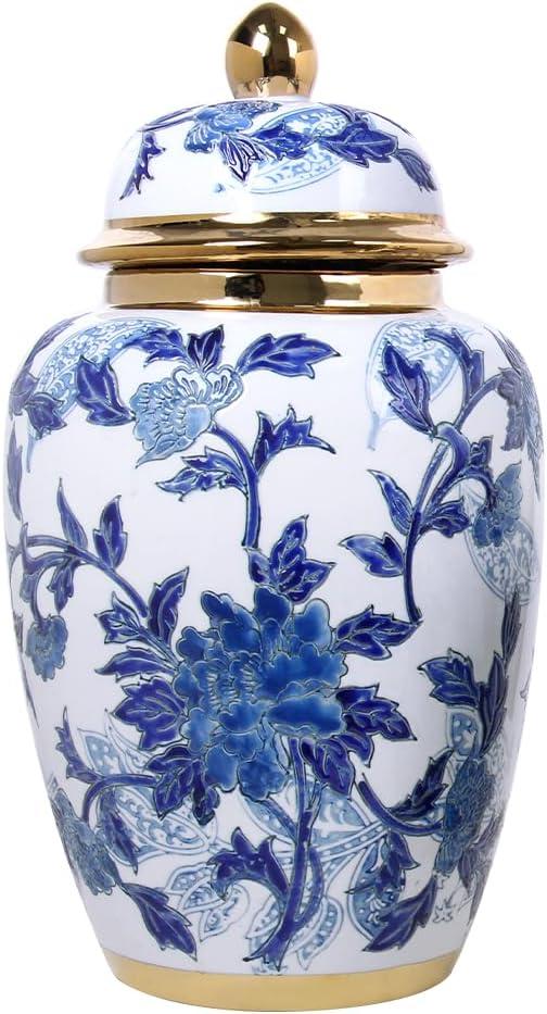 Blue and White Ginger Jar 16" Tall Vase, Gold Trim Porcelain Decor