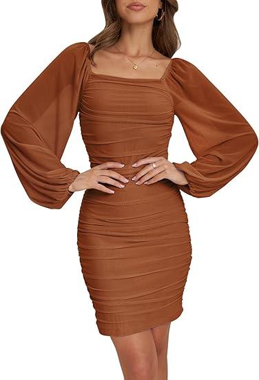 Women Square Neck Lantern Mesh Ruched Bodycon Clubwear Mini Dress Size L