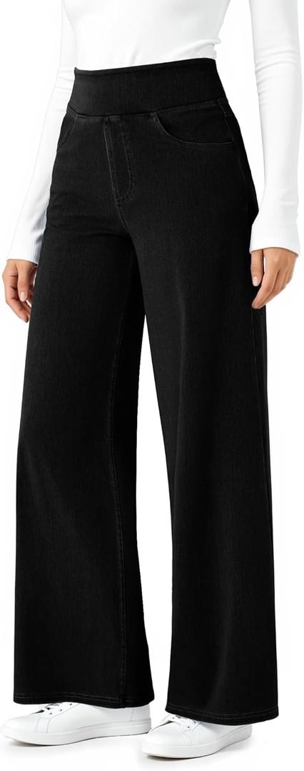 DLOODA Wide Leg Stretchy Sweatpants Jeans for Women, High Waisted Baggy Casual Pull On Jeans Elastic Waist Loose Denim Pants (X-Large, Black)
