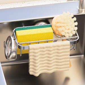 TAILI 4-in-1 Sponge Holder for Kitchen Sink with Strong Suction Cup Removable, Rustproof Aluminum Sink Caddy for Sponge, Brush, Scrubber, Scraper -Silver, 4.3"D x 7"W x 2.3"H