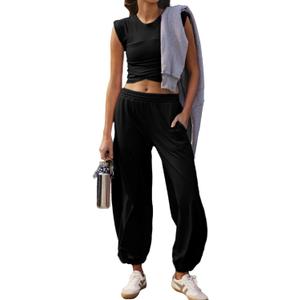 Glamaker Women's Two Piece Athletic Sets Casual Workout Sleeveless Cropped Tops High Sweatpants Joggers Tracksuits (Large, Black)