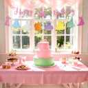 Princess Happy Birthday Banner, Pre-Strung Glitter Birthday Garland with Castle Princess Dresses Cutouts for Girls Party & Baby Shower Decorations