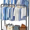 Simple Trending Clothing Clothes Rack Double Rods with Wheels, Rolling Metal Garment Rack for Hanging, Black