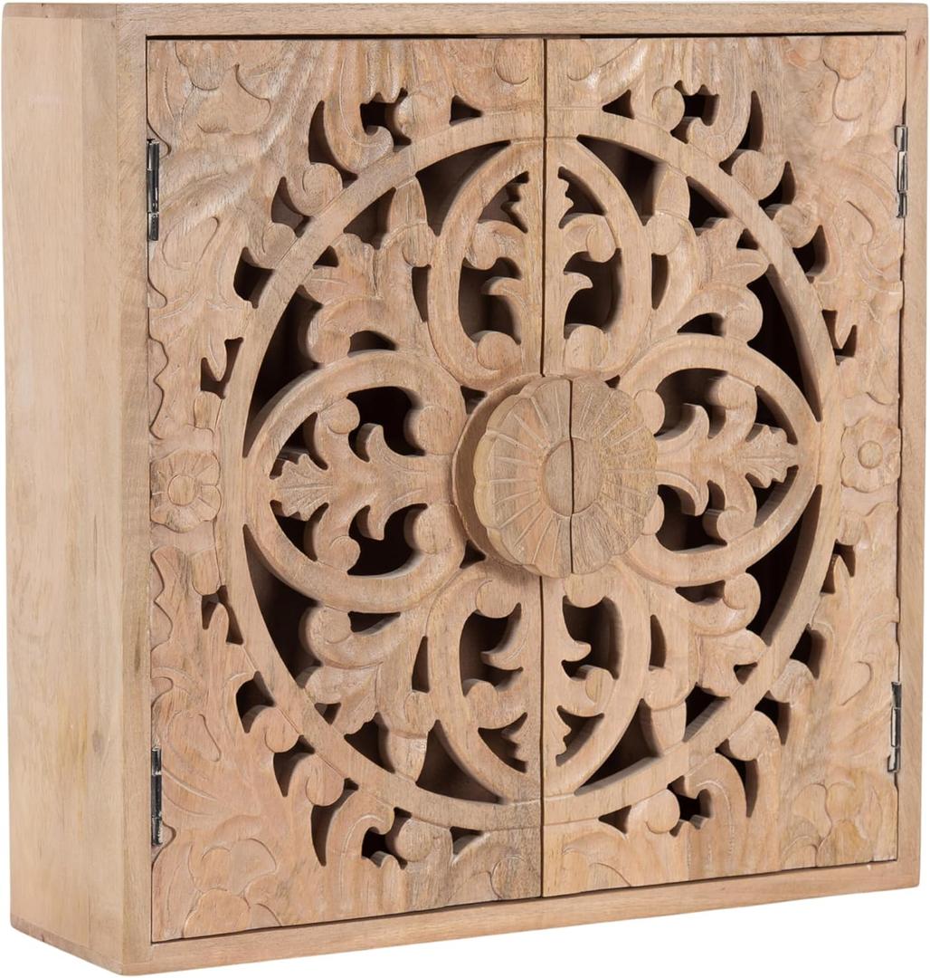 Kate and Laurel Saanvi Traditional Carved Wood Wall Cabinet, 20 x 6 x 20, Light Natural, Dimensional Over The Toilet Storage Cabinet for Bathroom Storage and Display