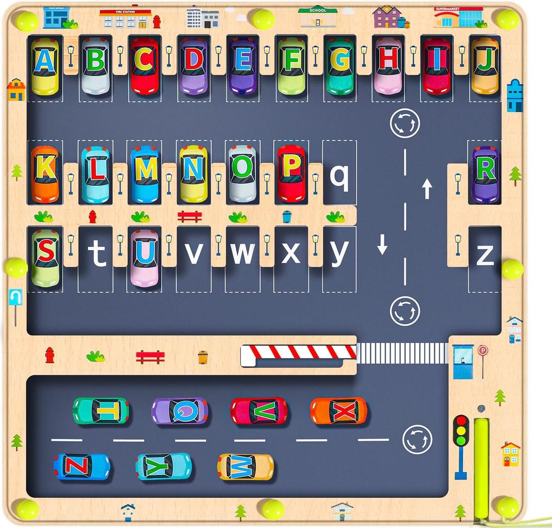 Magnetic Alphabet Maze Letter Puzzle Board, NOWRICH Montessori Toys for 2 3 4 5 Year Old Boy Gift, Magnet Alphabet Learning Car Parking Maze Toys for Kids 3-5, Birthday Gifts for Toddler