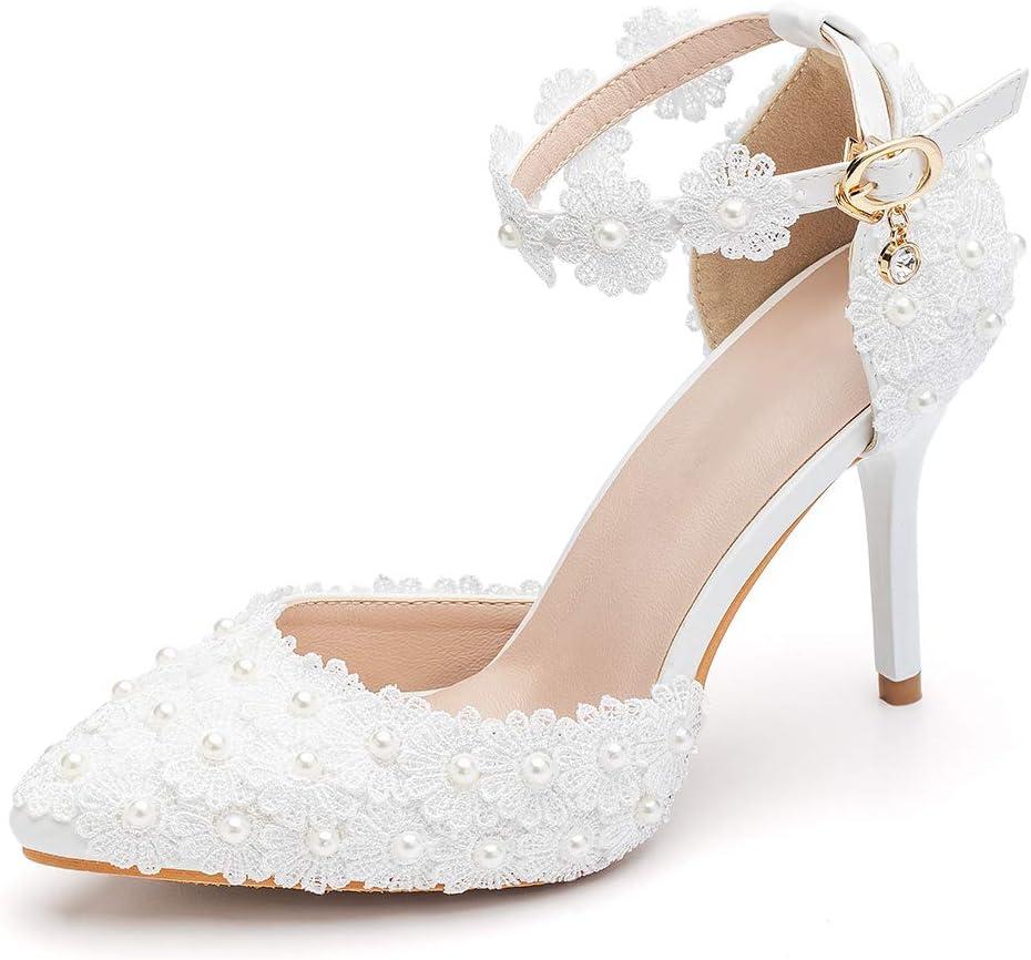Dress First Women's High Heel Pumps Closed Toe Sandals with Floral Lace Pearls Strap Stiletto Bridal Wedding Party Shoes,3.74" (9, White)
