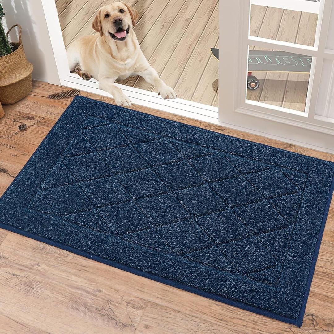 BEQHAUSE Dirt Trapper Door Mat 20" x 32", Doormat Non-Slip Entryway Rugs Washable, Dog Door Mat Stain Resistant and Absorbent Welcome Floor Mat for Front Back Door, Mud Wet Shoes & Paws, Navy Blue