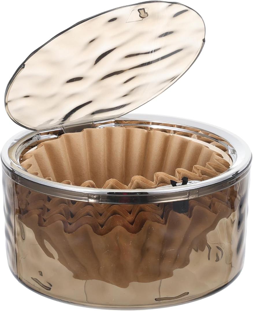 Coffee Filter Holder with Push-Button Lid, Gray Acrylic Filter Storage Basket Container Large Capacity Coffee Pod & Paper Filter Storage Organizer for Counter Coffee Bar Accessories Decor