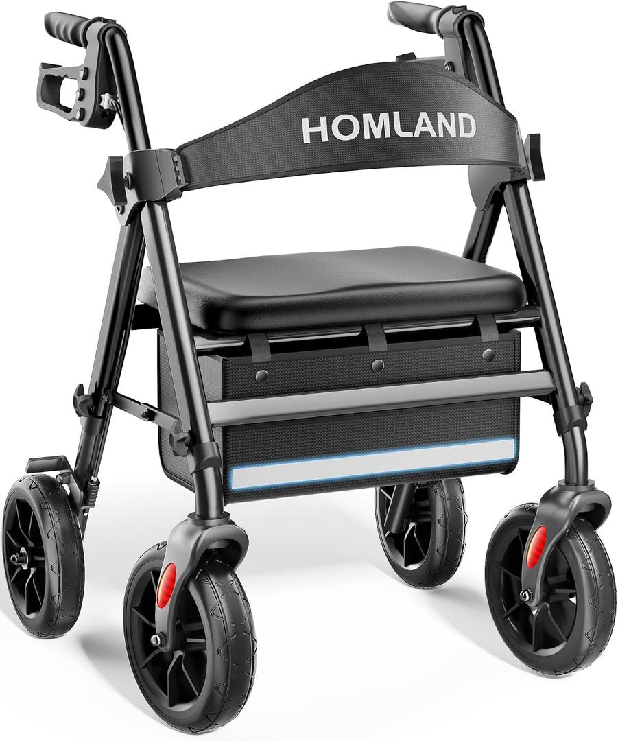 HOMLAND Rollator Walker for Seniors with Seat, Foldable Lightweight Aluminum Rolling Walker, 8" All-Terrain Wheels, Adjustable Height, Storage Bag & Hand Brakes, Ergonomic Indoor Outdoor Aid, Black