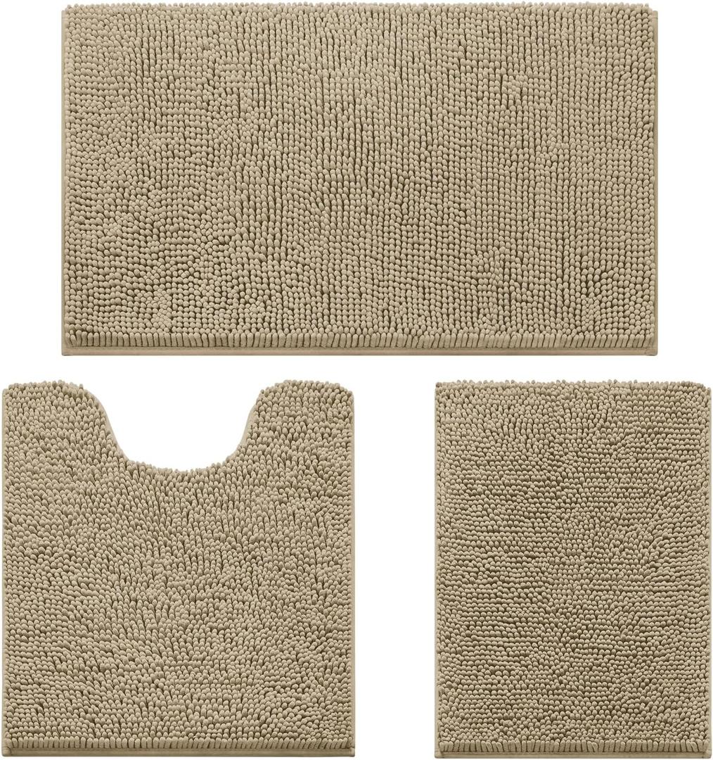 HOMEIDEAS 3 Pieces Bathroom Rugs, Ultra Soft Non Slip Absorbent Chenille Toilet Bath Mat Set (Taupe) (1'8" x 2'8" (17"x24"+20"x32"+U Shape 20"x24"))