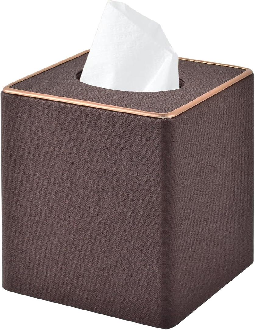 Linen Square Tissue Box Cover,Cube Tissue Box HolderExcellent Rosegold Leather Decoration,Table Napkin Case Dispenser,Facial Tissues Organizer with Magnetic Bottom for Home Office Car(Coffee)