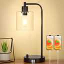 Industrial Table Lamp with 2 USB Charging Ports, Fully Stepless Dimmable Modern Nightstand Lamp, Glass Shade Bedside Desk Lamp for Bedroom Living Room Office, 6W 2700K LED Edison Bulb Included