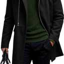 Runcati Mens Trench Coat Notch Lapel Zip Up Overcoat Casual Winter Long Business Pea Coat (Black)