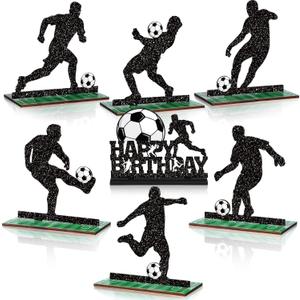 Geetery 7 Pcs Soccer Table Top Decorations Centerpieces Soccer Ball Happy Birthday Wooden Signs Player Silhouette Detachable Gifts for Football Fans Club Sports Theme Party Supplies