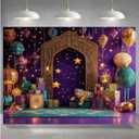 Arabian Moroccan Nights Party Backdrop Indian Style Purple Decoration with Gold Arches, Lanterns and Stars Suitable for Festive Celebrations (10x8FT)