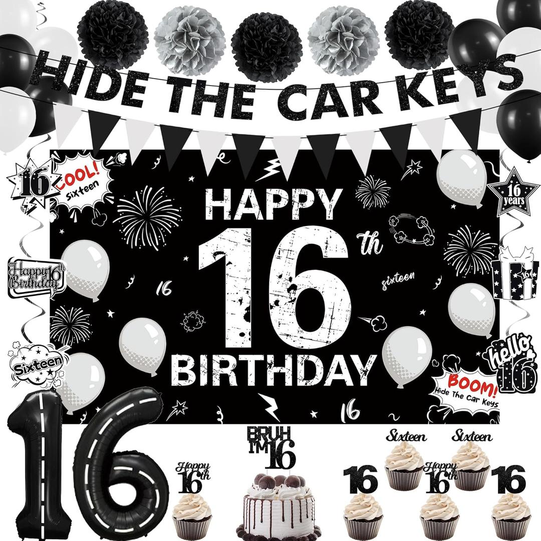 Holkcog 16th Birthday Party Decorations for Boys, Hide The Car Keys 16 Years Old Banner, Black 16th Number Balloons & Cake Topper, Glitter Black Sweet 16 Party Honeycomb Hanging Swirl, Bro I'm 16