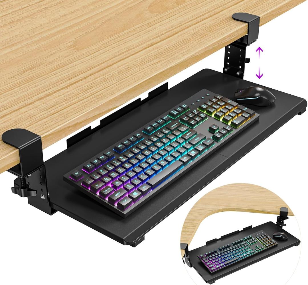 Snughome Height Adjustable Keyboard Tray Under Desk, Pull Out Keyboard & Mouse Tray with Sturdy C Clamp for L Shaped Table, 26.4''(30.9'' Including Clamps)11.8'' Slide-Out Computer Keyboard Drawer
