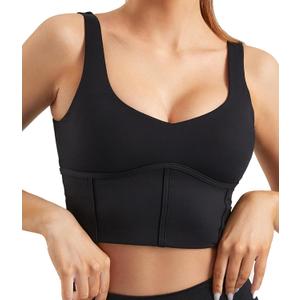 Women Built in Bra Corset Padded Sports Bra Open Back Long line Yoga Fitness Workout Crop Top Tank Bra (Black XL)
