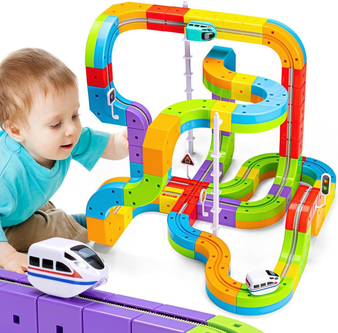 KlickRail Electric Train Set Flexible Race Track for Kids 4 6 7 8, 88 Pcs Car Track for Toddlers 3-5, Building Toy Train Track Gravity-Defying 3D Embedded Layouts & Motorized Car, STEM Learning Gift