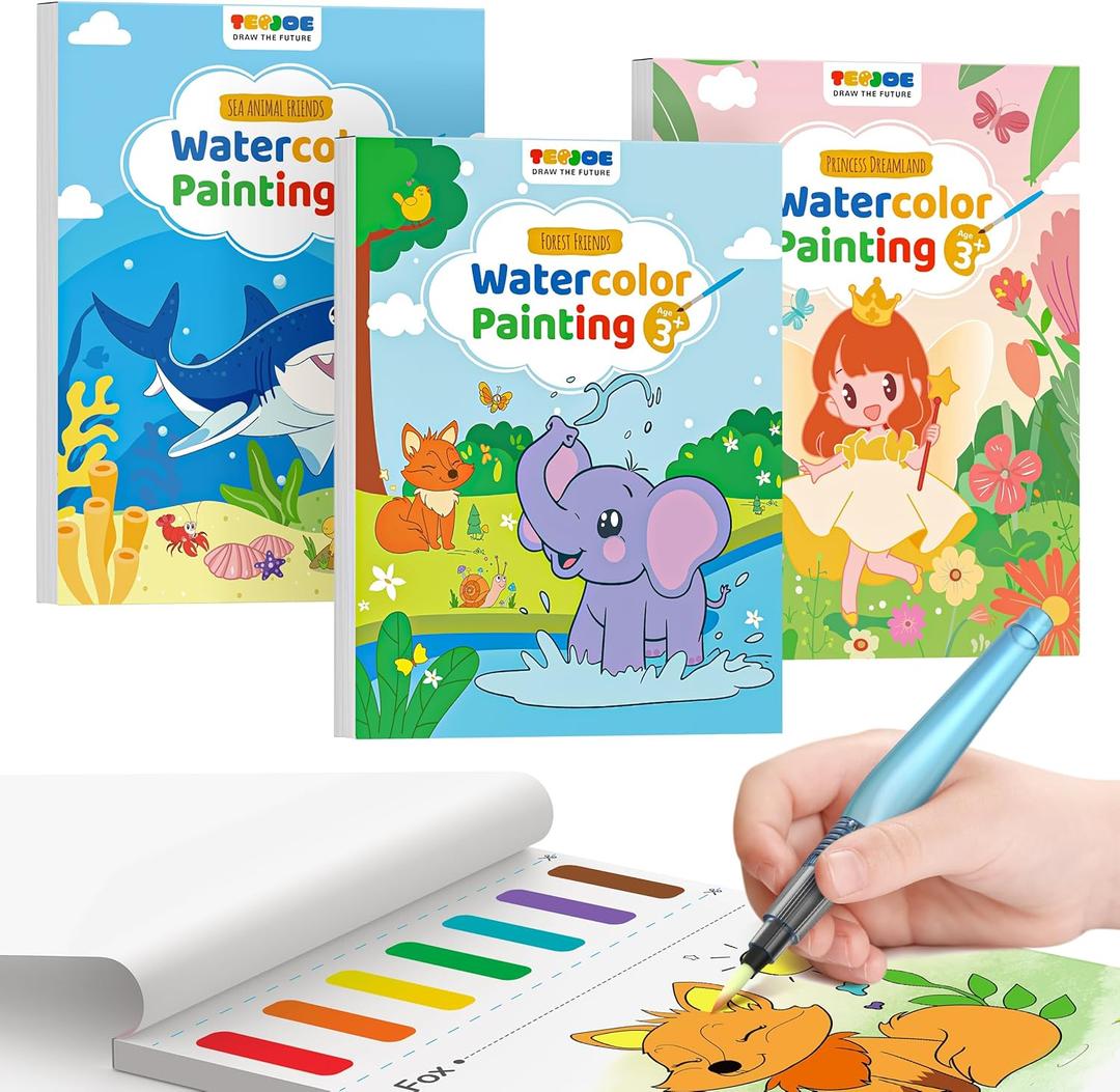 TECJOE 3 Pack Paint with Water Coloring Books for Toddlers, Mess Free Watercolor Painting Set with 6 Brushes, Travel Art Craft Activities Toys Birthday Gifts for Kids Ages 3-8, Forest, Sea & Princess