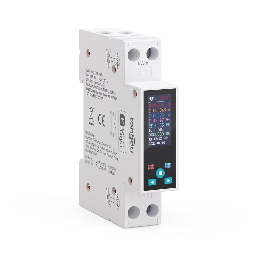 TONGOU Smart Wifi Switch, 1P+N AC90-240V 1-50A, Smart Life/ Tuya APP Remote Control, with Power Monitoring, Export/ Clear Power Data, DIN Rail Mounted, with LCD Display, Recloser Function, FCC Certified
