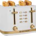 West Bend Timeless 4-Slice Toaster with 7 Browning Levels, Bagel/Waffle/Defrost Settings, High-Lift Lever, Anti-Jam, Easy-Clean Crumb Tray, 4-Slice, White/Gold