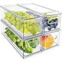 MANO 4Pack Stackable Refrigerator Drawers Pull Out Clear Fridge Drawer Organizer Bins Pantry Storage Box Plastic Food Containers for Kitchen Bedroom Cabinet Dresser Clothes (M)