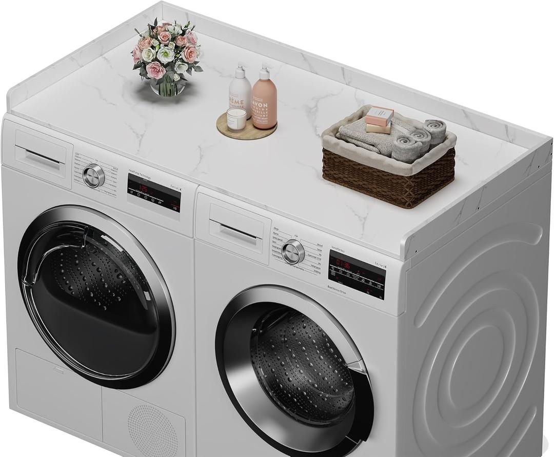 efluky Washer Dryer Countertop, Wood Countertop with Edge Rails for Laundry Room Organization and Storage, Washer Dryer Topper for Laundry Room, 27.5" x 54" White Marble