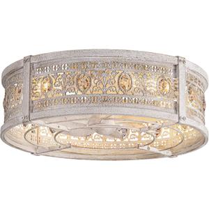 Vintage Caged Ceiling Fans with Lights and Remote, Victorian Hand-Antiqued Rustic Crystal Fandelier, Low Profile Flush Mount, Enclosed Bladeless Ceiling Fan with Light for Bedroom, Kitchen, Hallway (White)