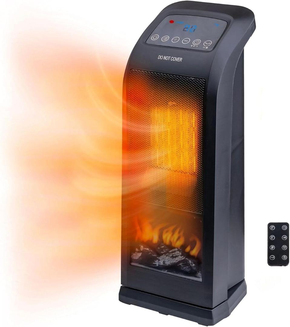 Comfort Zone 18" Tower Space Heater with 3D Flame, 1500W/900W, 60 Oscillation, Thermostat, Remote Control, 24H Timer, Overheat & Tip-Over Protection, Portable Electric Heater for Indoor Use Comfort Zone 18" Tower Space Heater with 3D Flame, 1500W/900W, 60 Oscillation, Thermostat, Remote Control, 24H Timer, Overheat & Tip-Over Protection, Portable Electric Heater for Indoor Use