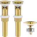 Bathroom Sink Drain, 2 Pack Gold Drain Stopper with Overflow,Pop Up Drain Assembly with Detachable Strainer Basket,Built-in Anti-Clogging Strainer,Stainless Steel, With Overflow, 2 Pack-gold-big Cap
