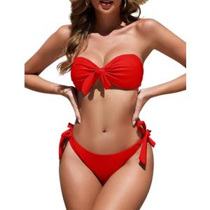 Zonsaoja Women Strapless Bandeau Bikini Set Knot Two Piece Swimsuit Side Tie Cheeky Bathing Suits (Small, Red)