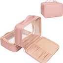OCHEAL Makeup Bag, Double Layer Cosmetic Bag, Large Capacity New Look Clear Cosmetic Case for Women Travel Beauty Essentials, Multiple Compartments Makeup Case Organizer Zipper Pouch- Pink