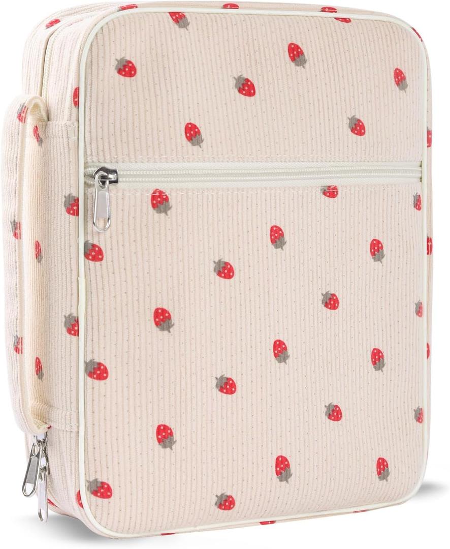Bible Cover Case for Women,Large Bible Tote Bags Organizer Corduroy Carrying Case for Girls,Bible Study Supplies Accessories Christian Gifts for Women(Strawberry M) (Beige Strawberries)