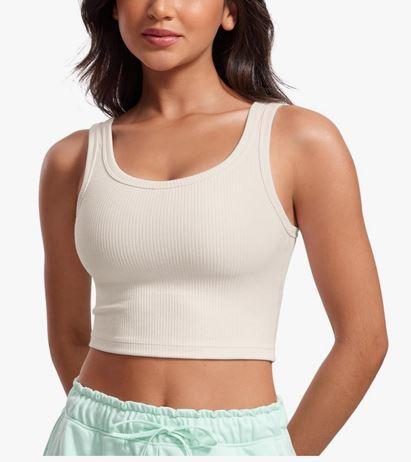 CRZ YOGA Womens Ribbed Longline Sports Bra - U Neck Padded Yoga Cami Workout Crop Tank Top Built in Pads Size M , White