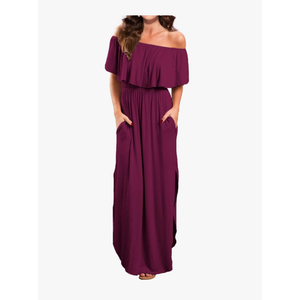 VERABENDI Women's Off Shoulder Summer Casual Long Ruffle Beach Maxi Dress with Pockets Mulberry, Small