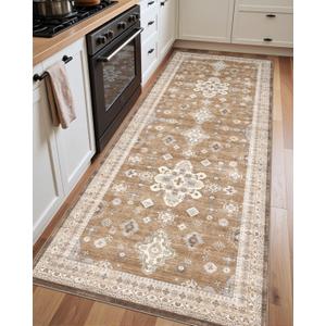 DEXI Kitchen Runner Rug 3x7,Washable Hallway Floor Mat Non Slip Absorbent,Vintage Floral Carpet for Farmhouse Entryway, Laundry Room, Patio Entrance, Light Brown