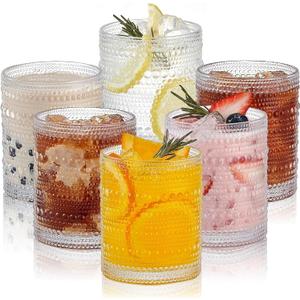 Hobnail Drinking Glasses Set of 6,12 oz Vintage Glassware Set Cocktail Glass Set, Embossed Clear Water Tumbler,for Beer, Whiskey,Juice and Various Mixed Drinks (12oz Clear)
