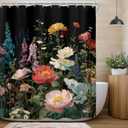 Riyidecor Black Floral Dark Wildflower Shower Curtain for Bathroom Decor 60Wx72H Boho Vintage Flower Blossom Leaves Plants Botanical Women Art Printed Fabric Polyester Waterproof 12 Pack Plastic Hooks