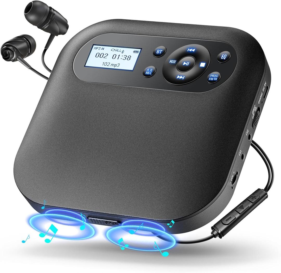 Desobry CD Player Portable Bluetooth CD Player with Speakers and FM Transmitting Portable CD Players Rechargeable for Home Small Player for car with LCD Screen Anti-Skip Backlight Design Upgraded (Black)
