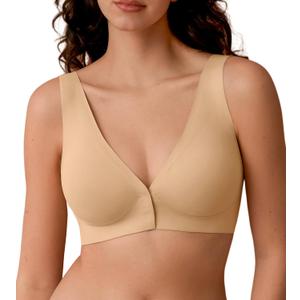 Front Closure Bras for Women - Wireless Deep V Plunge Seamless Padded Bras Comfortable Soft Mastectomy Bra No Underwire (X-Large, Nude)
