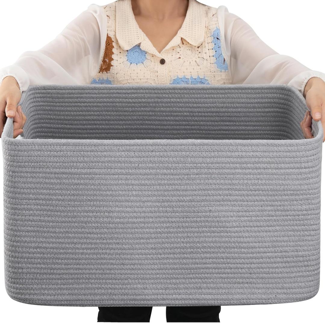 OIAHOMY 75L Large Blanket Basket, Woven Blanket Storage Basket with Handle, Cotton Rope Basket for Organizing 22x17x12, Blanket Basket living Room, Toy Basket for Nursery, Grey