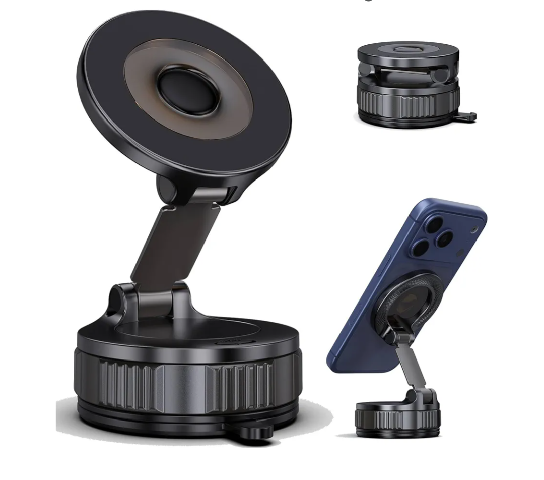 Vacuum Magnetic Suction Phone Holder, Foldable and Retractable Hands-Free Suction Cup Phone Mount for Car/Gym/Mirror/Smooth Surface, Compatible with iPhone & Android (Black-360° Rotating Base)