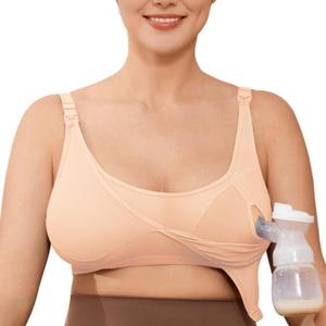 Wireless Hands-Free Pumping Bra, Adjustable with Extendable Straps and Hook Extender, Comfort Sleep Pumping & Nursing Bra (Beige)